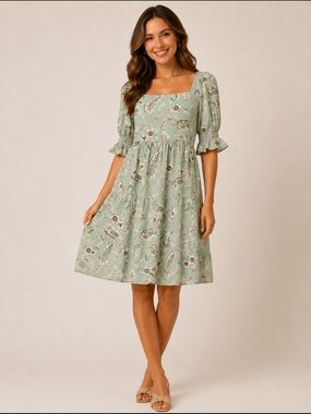Sage Loose Paisley Square-Neck Dress
